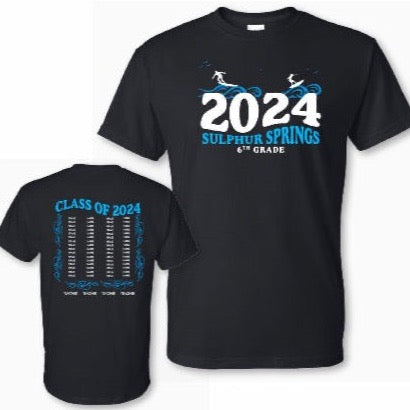 Picture of the front and back of the Class of 2024 T-shirt.  Text is wavy, with surfers on top.