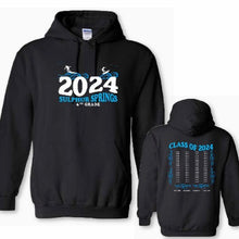 Load image into Gallery viewer, Black hoodie sweatshirt, pullover style, no zipper.  Blue and white text in a wavy font, with small surfers on stylized waves.
